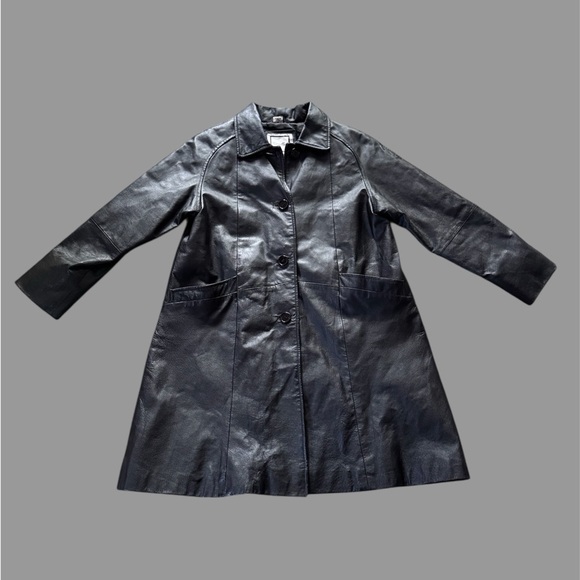 Excelled Collection Women's Black Long Leather Coat Button Jacket Lined Size M - Picture 1 of 6